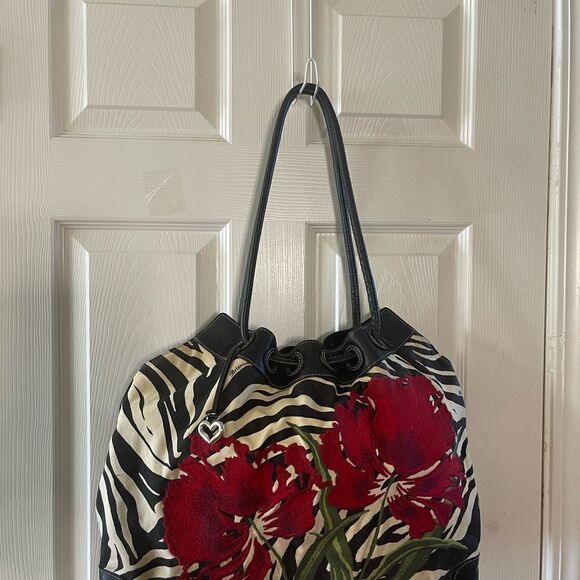 Brighton Zebra Embroidered Floral Canvas Leather trim  Large Shoulder Bag - Picture 5 of 14